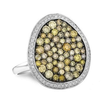 Multi color diamond confetti ring. 14k white gold pave set multi color diamonds with black rhodium plating, framed by a channel of bead set colorless diamonds.