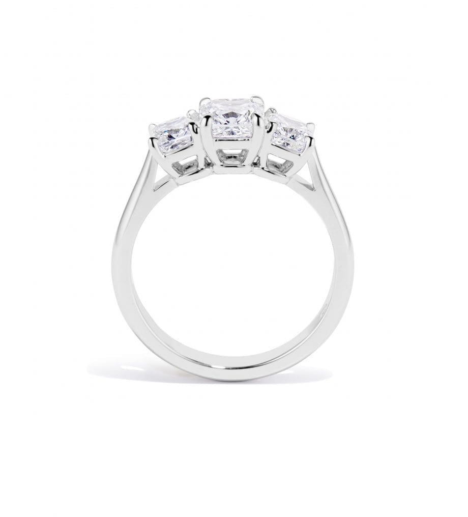 Three Diamond Engagement Ring Cushion cut diamonds 4 prong basket with airline in Platinum