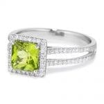 Princess Cut Peridot and Diamond Halo Ring