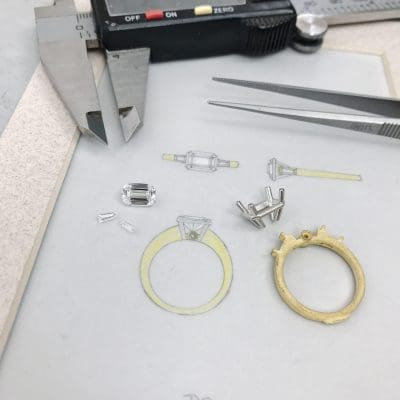 Bespoke fine jewelry sketch, materials and tools