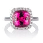 WG Tourm Halo Ring Bright Pink Tourmaline and Diamond Ring