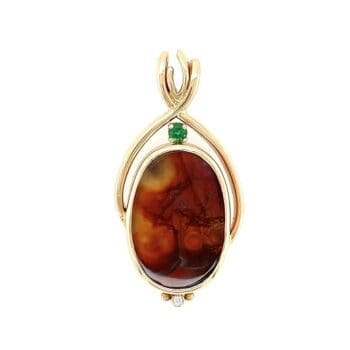 Handmade Fire Agate Pendant with an accent Green Tourmaline and Diamond in 14k yellow gold