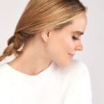 Honeycomb Hoops - Contemporary Hexagonal Earrings 14k yellow gold on model