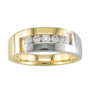 Men's Two-Tone Diamond Band 14k yellow and white gold 7.3mm top with 5 channel set diamonds tapers to 3.8mm at the back. Can be worn as a fashion ring, a wedding band, or an engagement band for him.