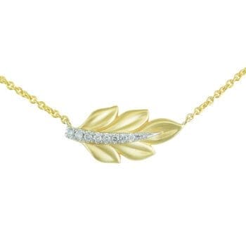 East-to-West Diamond Leaf Necklace 18" cable chain, 14k yellow gold with white gold diamond accents.