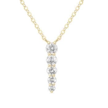 Diamond Journey pendant necklace, 5 round diamonds all prong set with the largest at the top tapering to the smallest at the bottom and attached to an 18inch cable style chain.