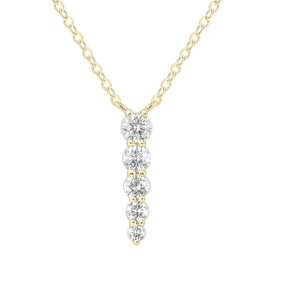 Diamond Journey pendant necklace, 5 round diamonds all prong set with the largest at the top tapering to the smallest at the bottom and attached to an 18inch cable style chain.