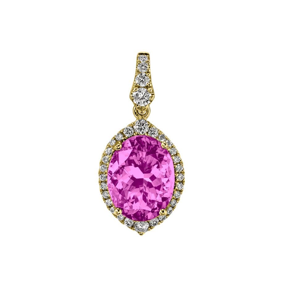 Pink Tourmaline and Diamond Pendant diamonds surround this oval gem set with prongs H-18490M-PPT