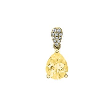 30480-PLC Pear shape Light Citrine prong set in 14kt Yellow Gold with a Diamond bail, eleven bead set diamonds in an opposing pear shape