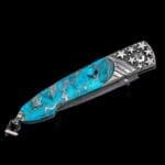 William Henry B10 STARS & STRIPES II Knife featuring Hand-forged 'Hornets Nest' Damascus by Mike Norris, Hand-carved Sterling Silver by Lee Downey, Zinc Matrix turquoise, and White Topaz. the Dimensions are Blade 2.75" (69.9mm) Handle 3.63" (92.2mm) Overall while open 6.38" (162mm)William Henry B10 STARS & STRIPES II Knife featuring Hand-forged 'Hornets Nest' Damascus by Mike Norris, Hand-carved Sterling Silver by Lee Downey, Zinc Matrix turquoise, and White Topaz. the Dimensions are Blade 2.75" (69.9mm) Handle 3.63" (92.2mm) Overall while open 6.38" (162mm)