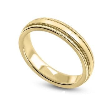 14K Yellow Gold EZfit Wedding Band. 4MM With Matte Finish Center And Millgrain On Each Edge. The Inside Is Stamped 14K & H