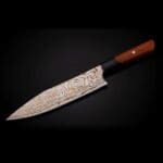 Kultro Flare Chef knife set Rainbow Damascus blades are 34 layers of stainless steel, copper and brass with a Japanese Hitachi Blue Steel core Finished with Cocobolo and black lip pearl handle- Single knife