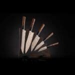 Kultro Flare Chef knife set Rainbow Damascus blades are 34 layers of stainless steel, copper and brass with a Japanese Hitachi Blue Steel core Finished with Cocobolo and black lip pearl handle full set with wooden block holder