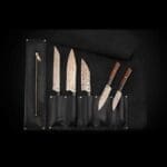 Kultro Flare Chef knife set Rainbow Damascus blades are 34 layers of stainless steel, copper and brass with a Japanese Hitachi Blue Steel core Finished with Cocobolo and black lip pearl handle-in leather case