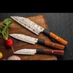 Kultro Flare Chef knife set Rainbow Damascus blades are 34 layers of stainless steel, copper and brass with a Japanese Hitachi Blue Steel core Finished with Cocobolo and black lip pearl handle-trio