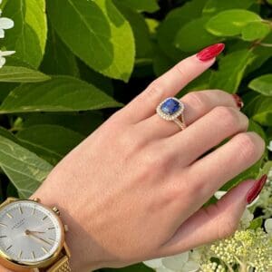 four carat sapphire and diamond halo ring H-39890M5-RBS