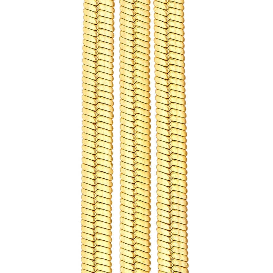 Triple Snake Chain Earrings yellow gold post earrings. Up close view of all three strands