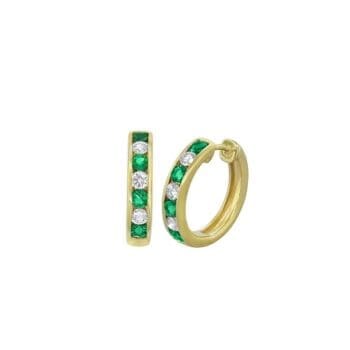 Alternating Emerald and diamond yellow gold channel set huggie hoops