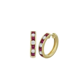 Alternating Ruby and Diamond yellow gold huggie hoops.