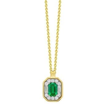 Emerald and diamond necklace yellow gold. Emerald cut Emerald in the center with a halo of round diamonds with one baguette diamond on the long sides all framed in yellow gold in an octagon shape. Chain included