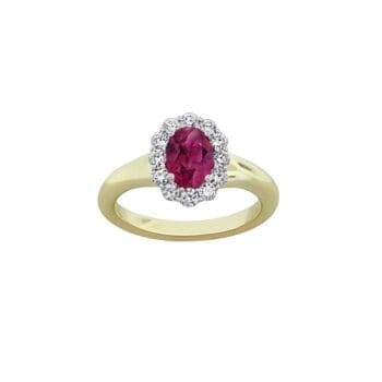 Oval Ruby and diamond halo ring yellow band white top yellow band white top