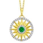 Sunflare Pendant Necklace - 18k two-tone gold with an emerald center surrounded by a diamond halo and an outer frame of diamonds