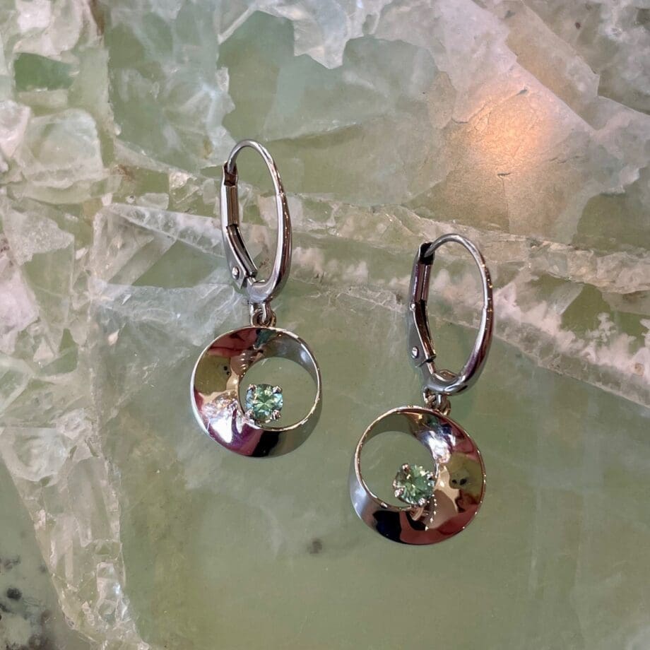 Maine Tourmaline Möbius Twist Earrings 14k white gold leverbacks.