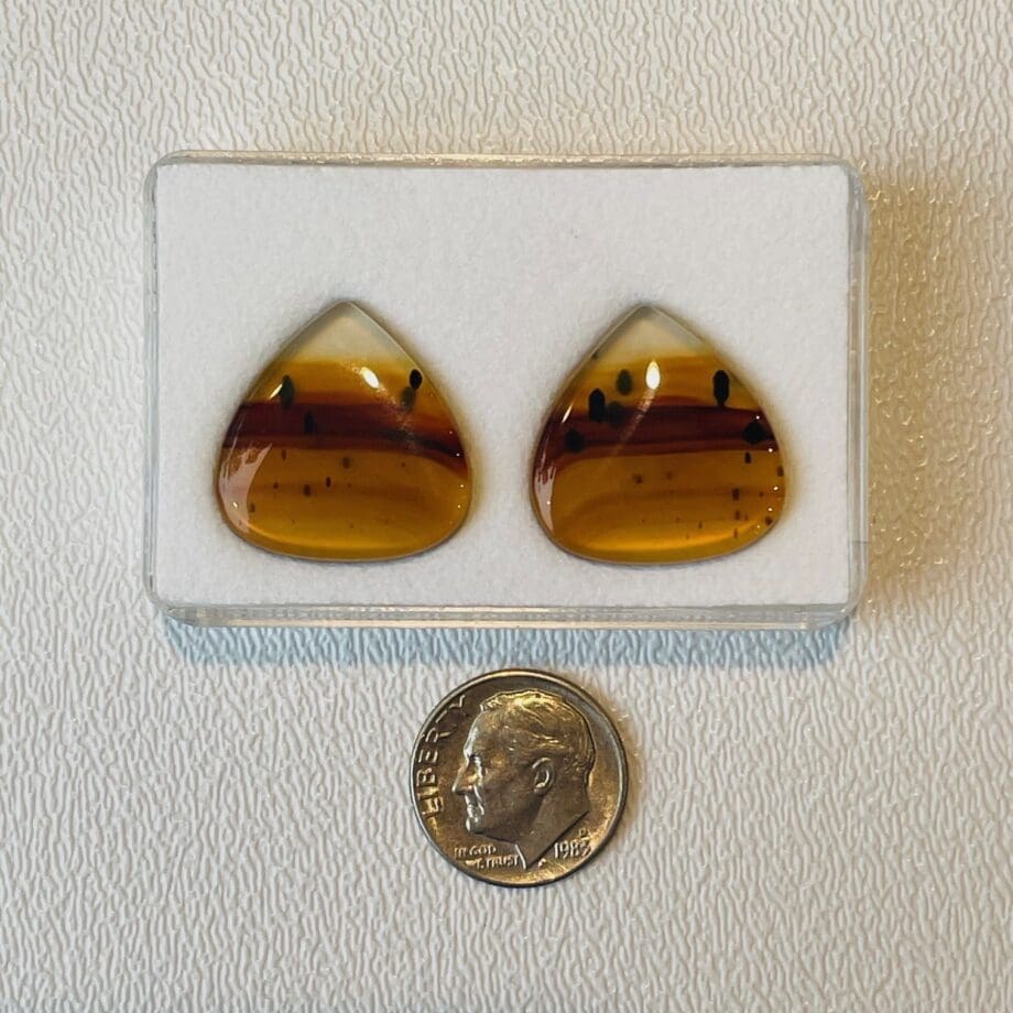 Matched Pair Montana Agate, Pear Shaped Cabochons in box with a dime for scale