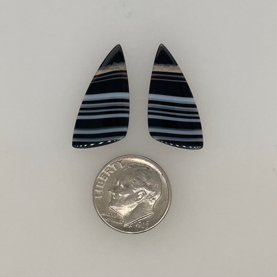 Matched Pair Tuxedo Agate, Sail Shaped Cabochons 270-1451 loose with dime for scale