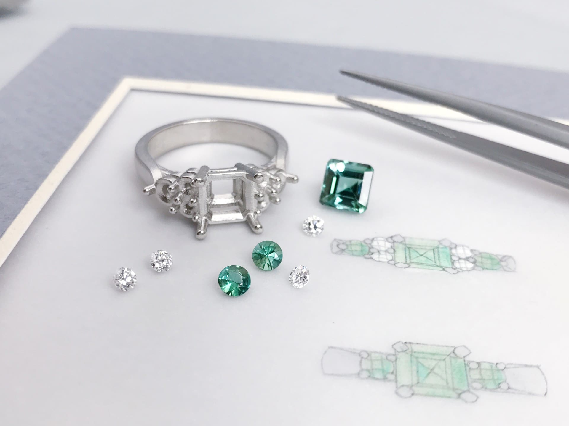 Tourmaline and Diamonds with Ring Sketch
