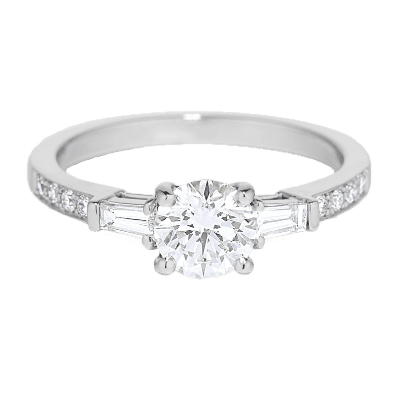 Platinum diamond engagement ring with round center and baguette side diamonds