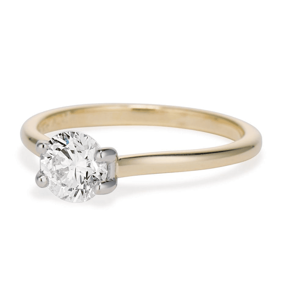 Yellow gold Viisi Engagement Ring with 0.73 carat round diamond in platinum prong setting