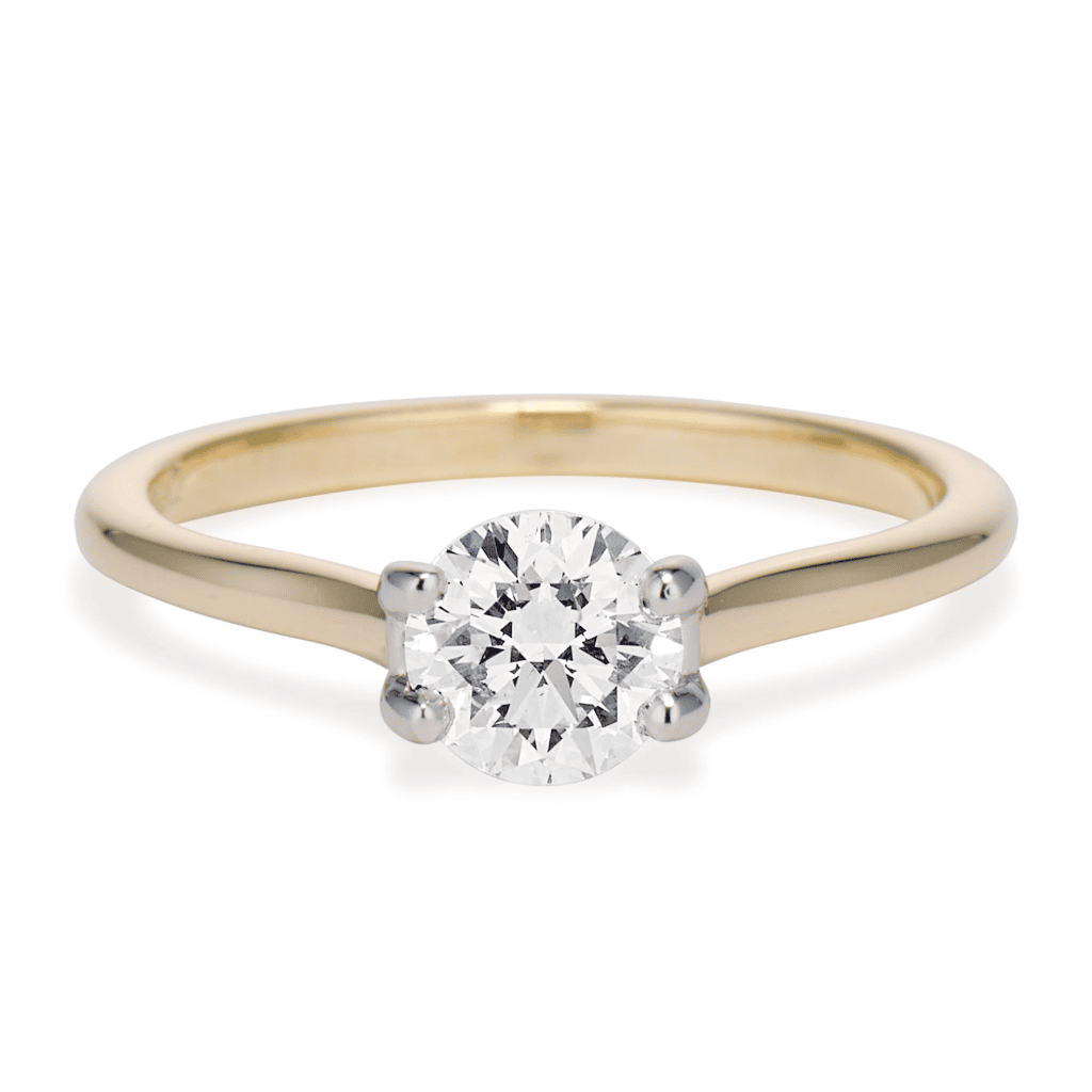 Yellow gold Viisi Engagement Ring with 0.73 carat round diamond in platinum prong setting