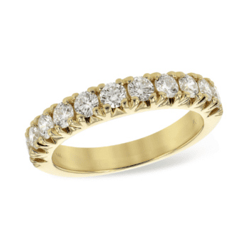 14K yellow gold ring with 1.0cttw round diamond and 11 side diamonds in prong setting, size 7
