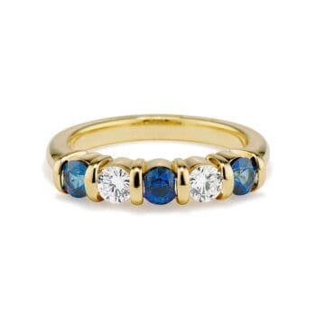 18K yellow gold ridge ring band with alternating round blue sapphires and diamonds, size 6.5
