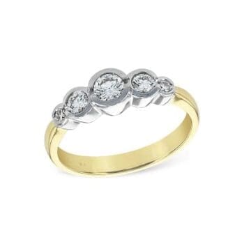 5 stone diamond ring in 14K two tone gold with bezel set round diamonds