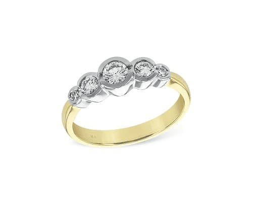 5 stone diamond ring in 14K two tone gold with bezel set round diamonds