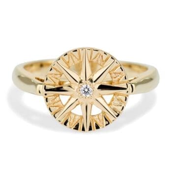 Compass Rose Ring with round diamond set in 14K yellow gold
