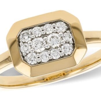East-West rectangle diamond pave ring in 14K yellow gold with twelve round diamonds