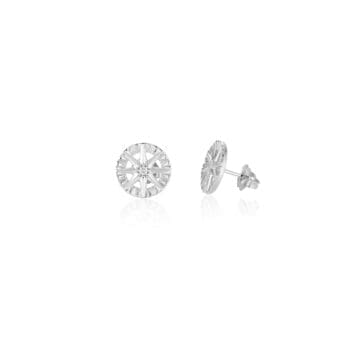 Compass Rose diamond stud earrings featuring round diamonds set in 14K white gold