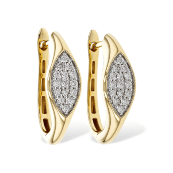 14K two tone gold small hoop earrings with pave set round diamonds