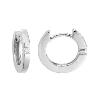 14K white gold huggie hoop earrings with round diamonds in bar setting