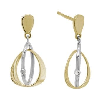 Abstract open oval drop earrings with round diamond accents in 14K two tone gold
