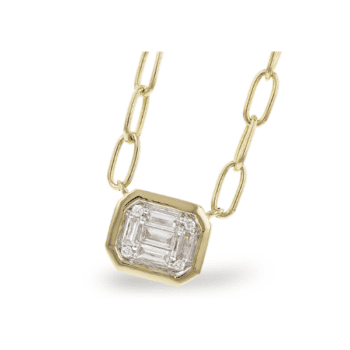 14K yellow gold paperclip pendant set with baguette cut diamonds in a cluster