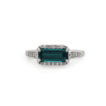 New Horizon ring with indicolite blue tourmaline and emerald cut diamonds in 14K white gold size 6.5