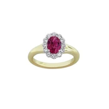 Oval ruby and diamond halo ring in 18K two-tone gold, size 6.5