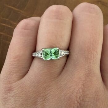 New Horizon ring with mint green tourmaline and radiant cut diamonds in platinum