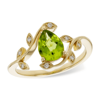 Flower ring with lime green peridot and pear-shape diamonds set in 14K yellow gold