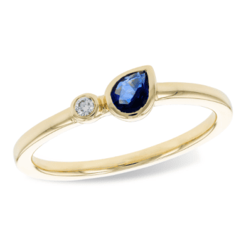 14K yellow gold Toi et Moi ring with pear cut blue sapphire and round diamond