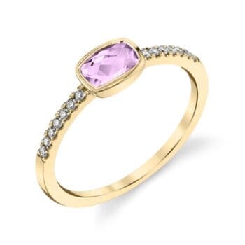 14K yellow gold stacking ring with rectangular cushion cut lavender amethyst and diamond melee accents, size 7